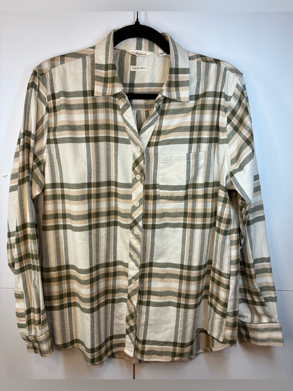 Weatherproof Vintage Plaid Button Down Shirt Comfort Stretch Green Cream Size M
